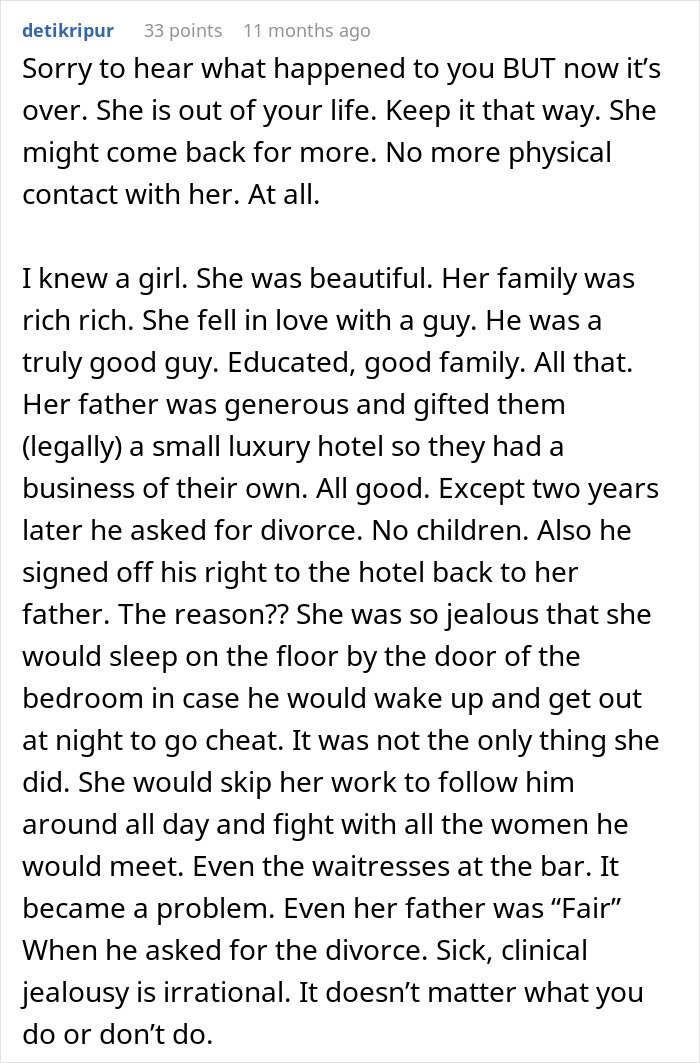Screenshot of a detailed comment about a wife ruining her husband’s reputation over jealousy and divorce issues.