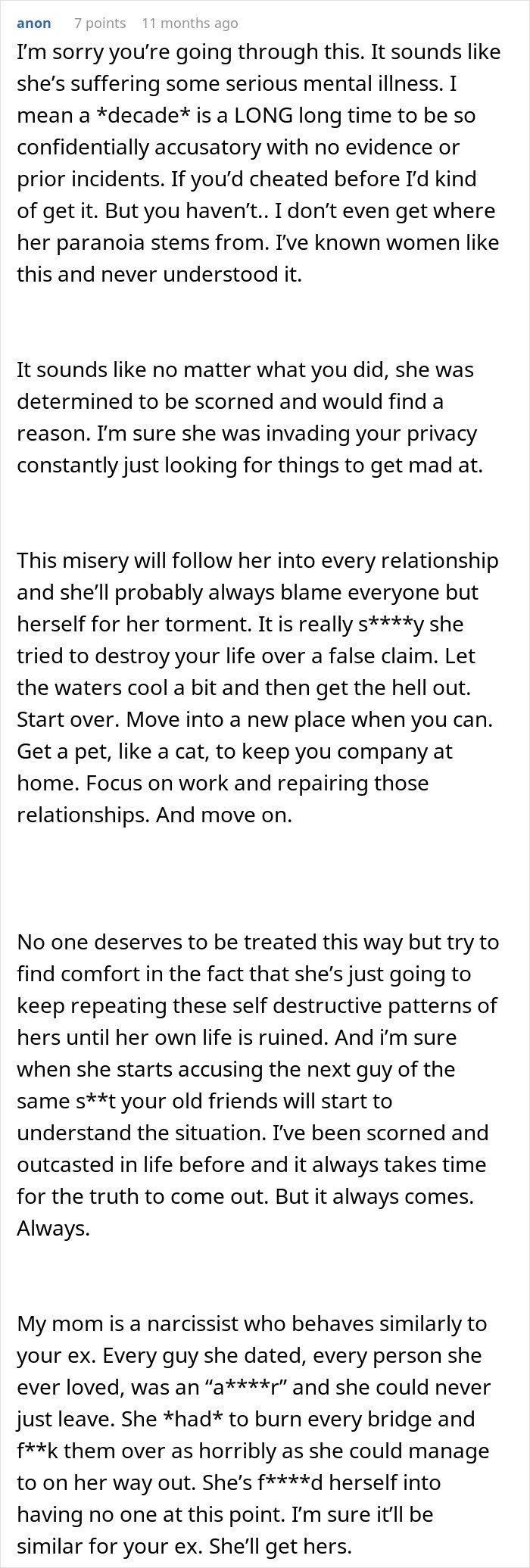Comment discussing wife of 10 years ruining husband’s reputation with false cheating accusations and relationship advice