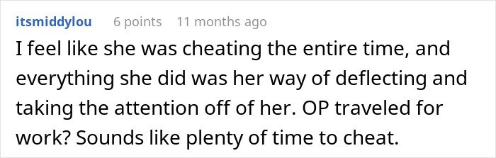 Screenshot of an online comment discussing suspicion of cheating in a relationship after a wife leaves husband.