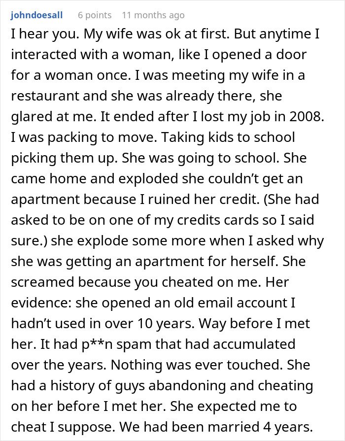 Reddit comment revealing how a wife of 10 years accuses husband of cheating, impacting his reputation after separation.