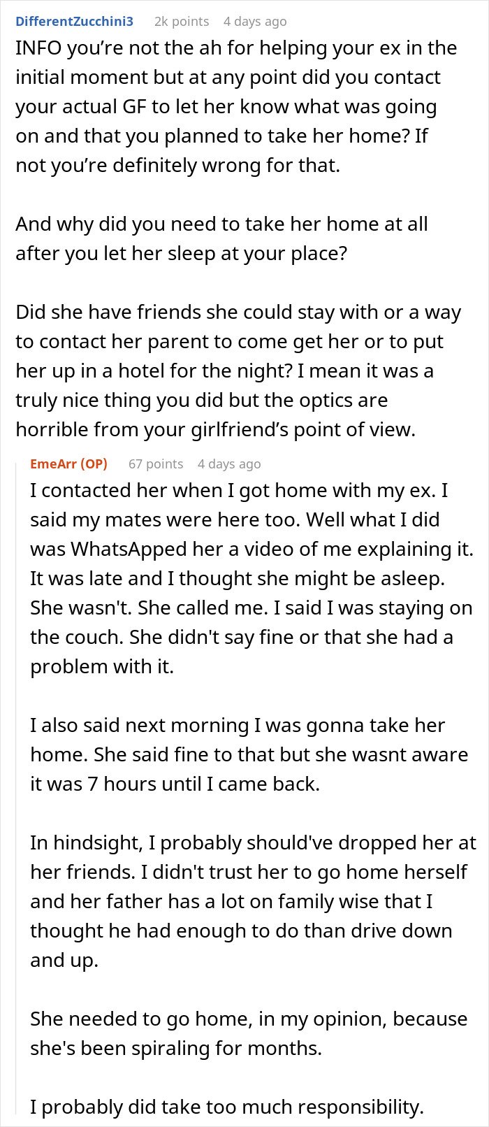 Screenshot of a Reddit conversation discussing a guy going above and beyond for his ex and his current partner's reaction.