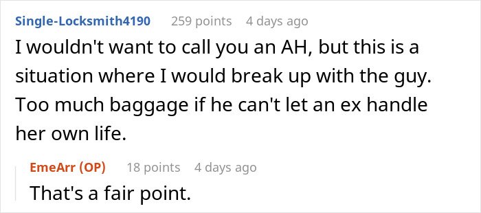 Reddit comment discussing a guy going above and beyond for his ex and his current partner’s reaction.