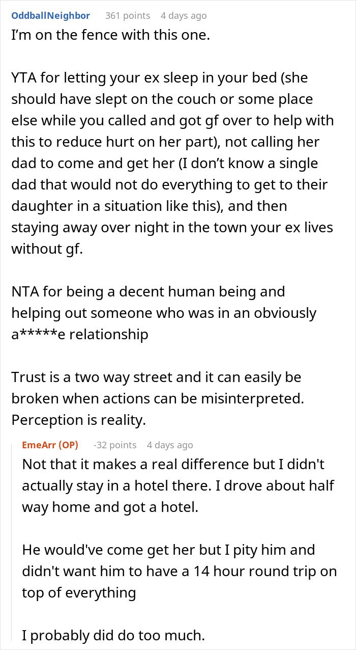 Text conversation discussing a guy going above and beyond for his ex, causing his current partner to be upset.