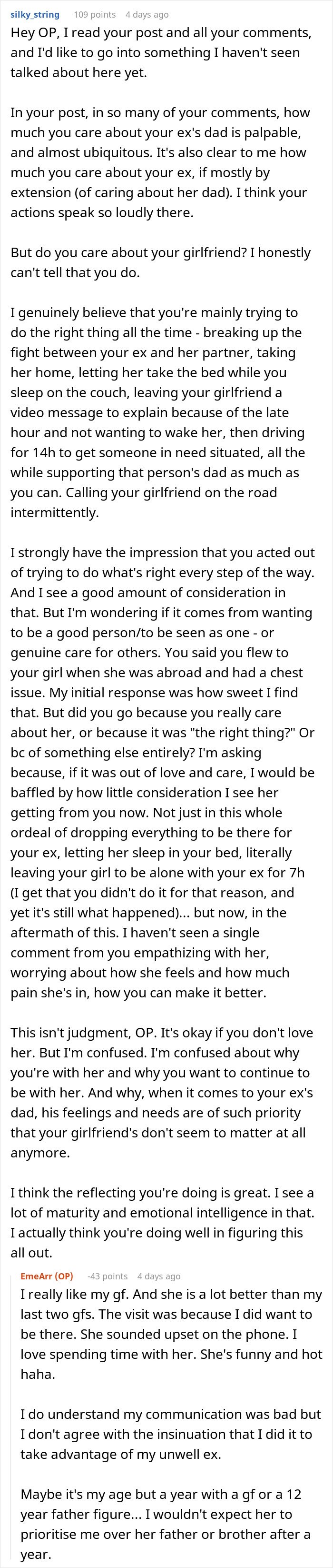 Man explains going above and beyond for his ex, confused why his current partner feels upset about it.