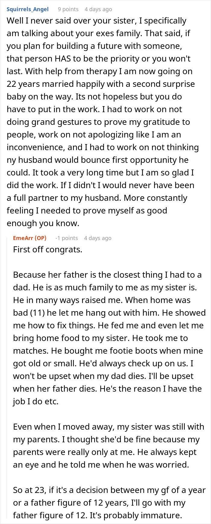 Comment discussing a guy going above and beyond for his ex girlfriend and current partner's reaction in an online forum.