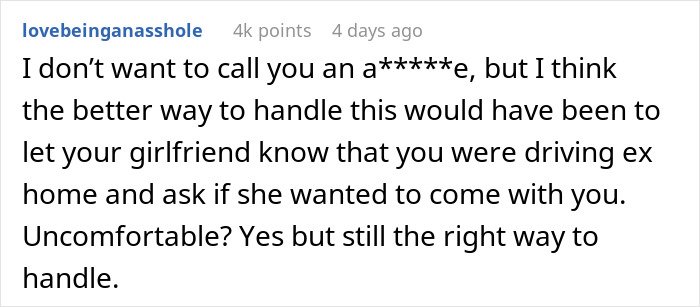 Comment discussing a guy going above and beyond for his ex girlfriend and the current partner feeling upset.