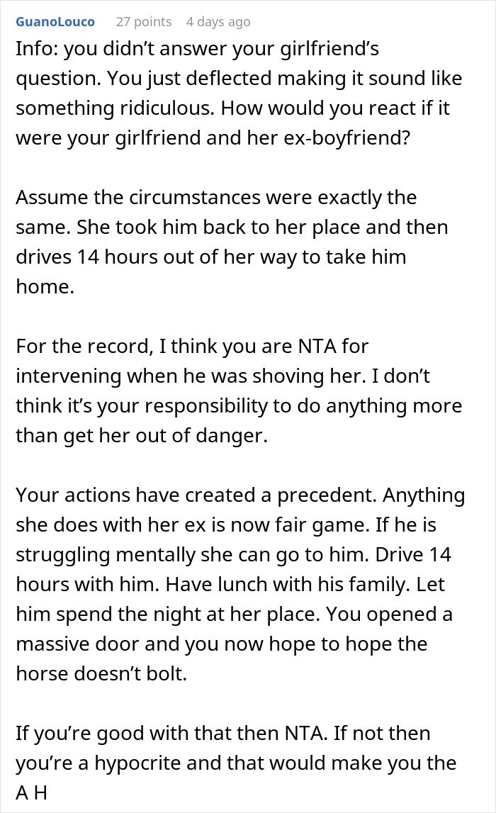 Text excerpt discussing a guy going above and beyond for his ex-girlfriend and current partner’s feelings of upset.