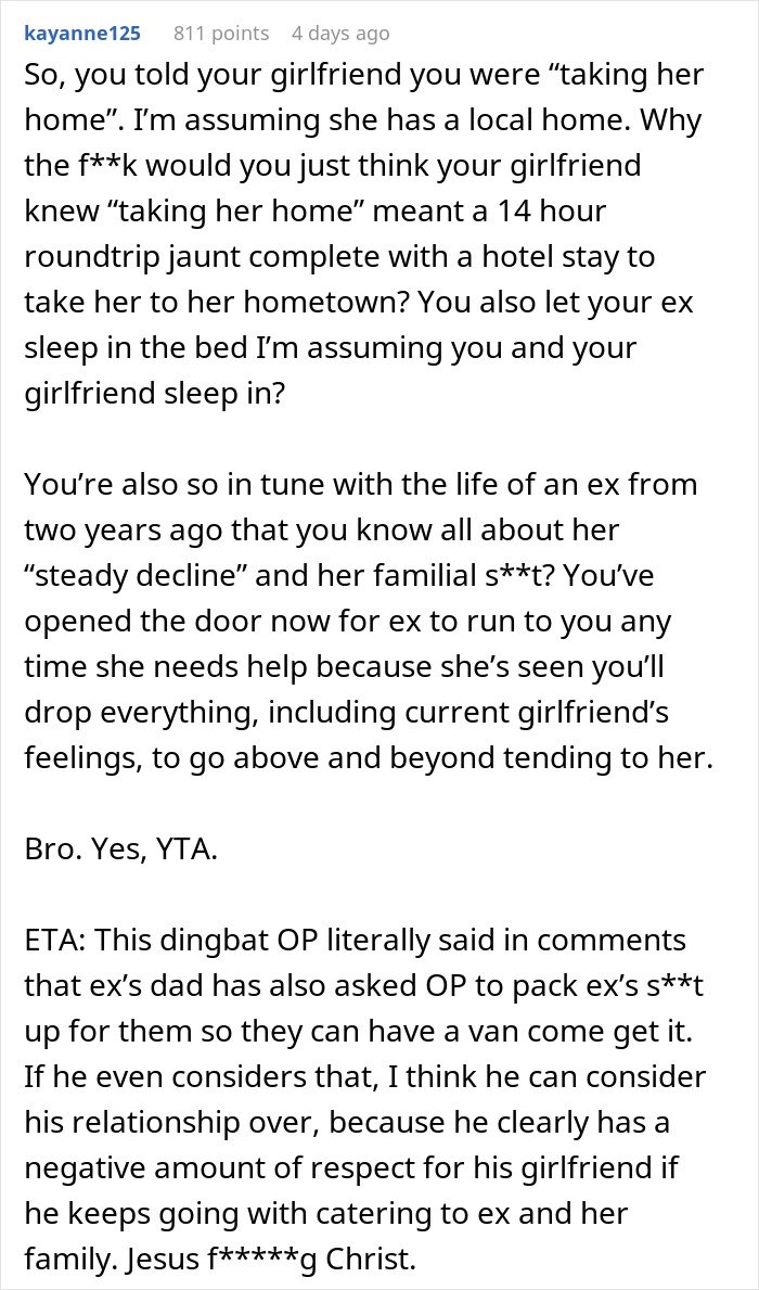 Screenshot of a Reddit comment criticising a guy for going above and beyond for his ex, upsetting his current partner.
