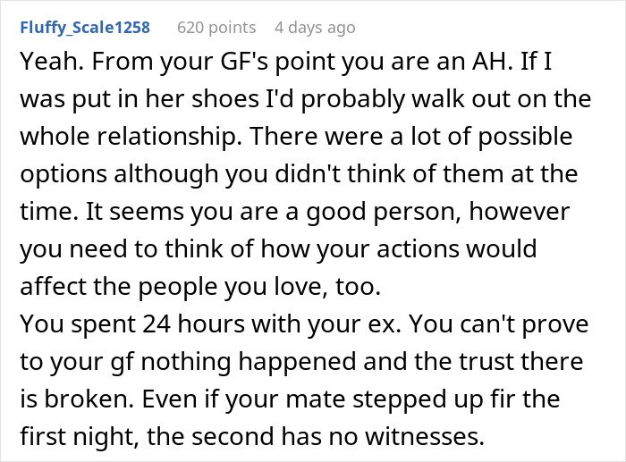 Comment discussing a guy going above and beyond for his ex, and his current partner being upset about it.