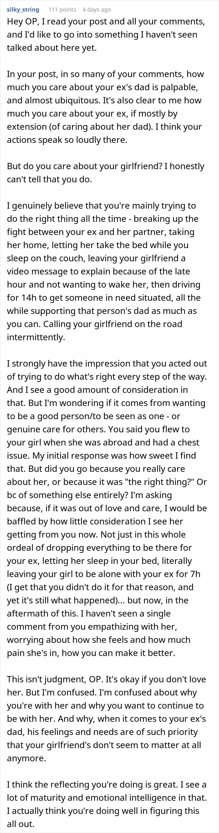 Text post discussing a guy going above and beyond for his ex girlfriend and his current partner's feelings.