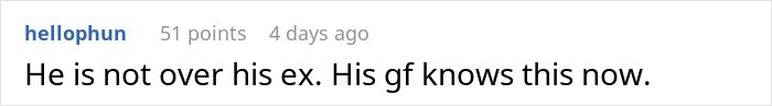 Comment text on a digital screen discussing a guy going above and beyond for his ex and current partner's reaction.