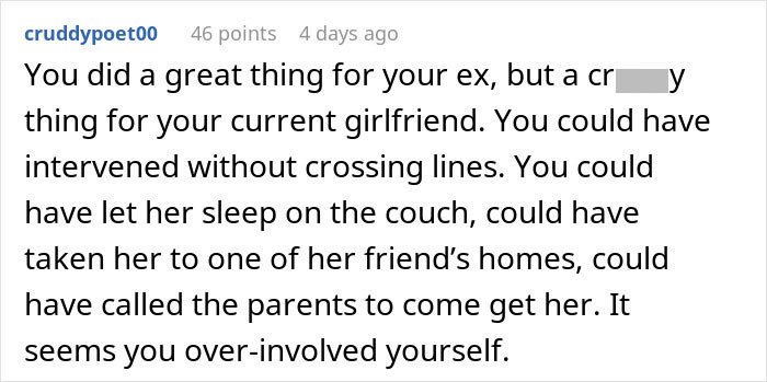Comment discussing a guy going above and beyond for his ex, causing confusion with his current partner's feelings.