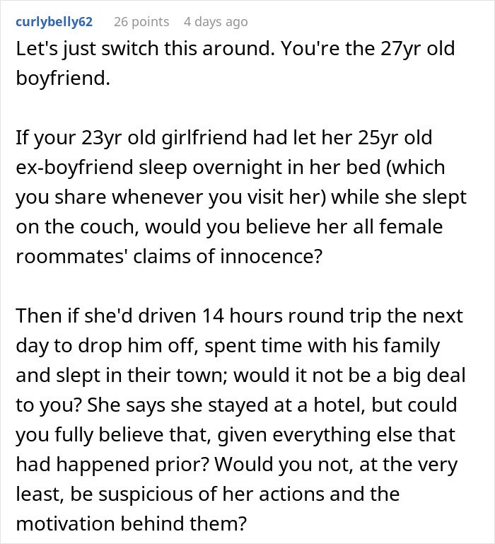 Comment discussing a guy going above and beyond for his ex, raising concerns from his current partner.