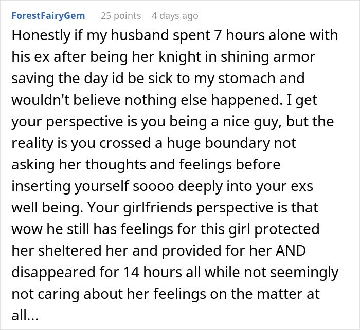 Comment discussing a guy going above and beyond for his ex, causing confusion with his current partner’s feelings.