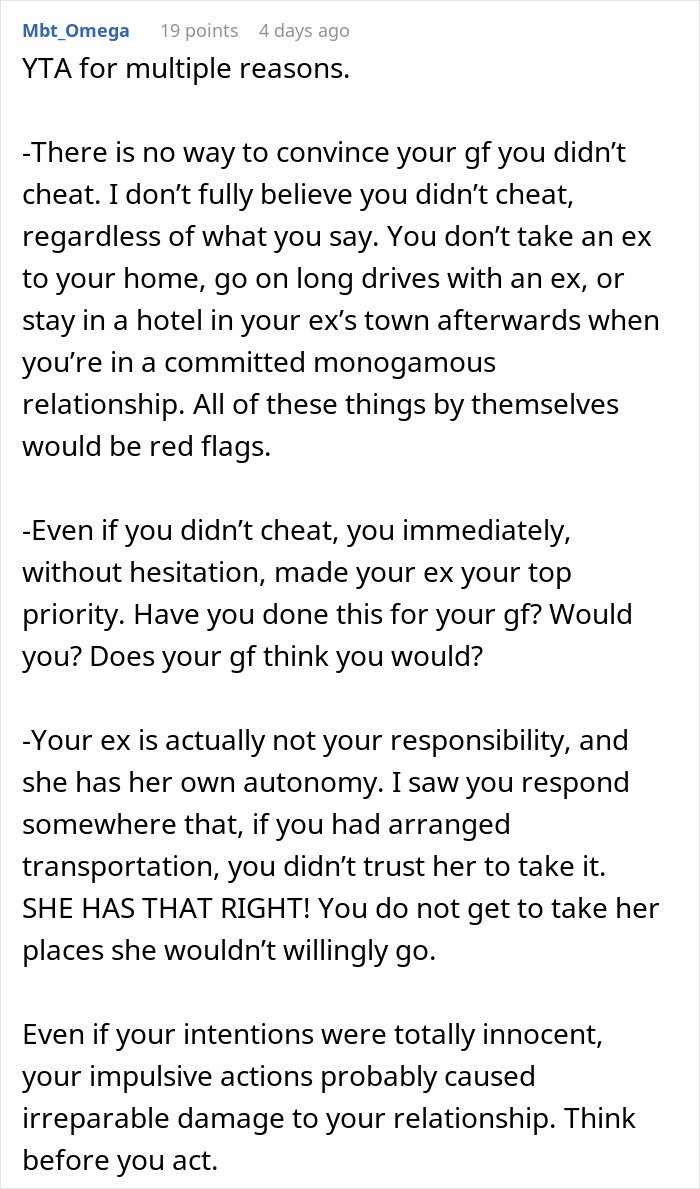 Text comment from Mbt_Omega explaining why a guy goes above and beyond for his ex, causing upset in his current partner.