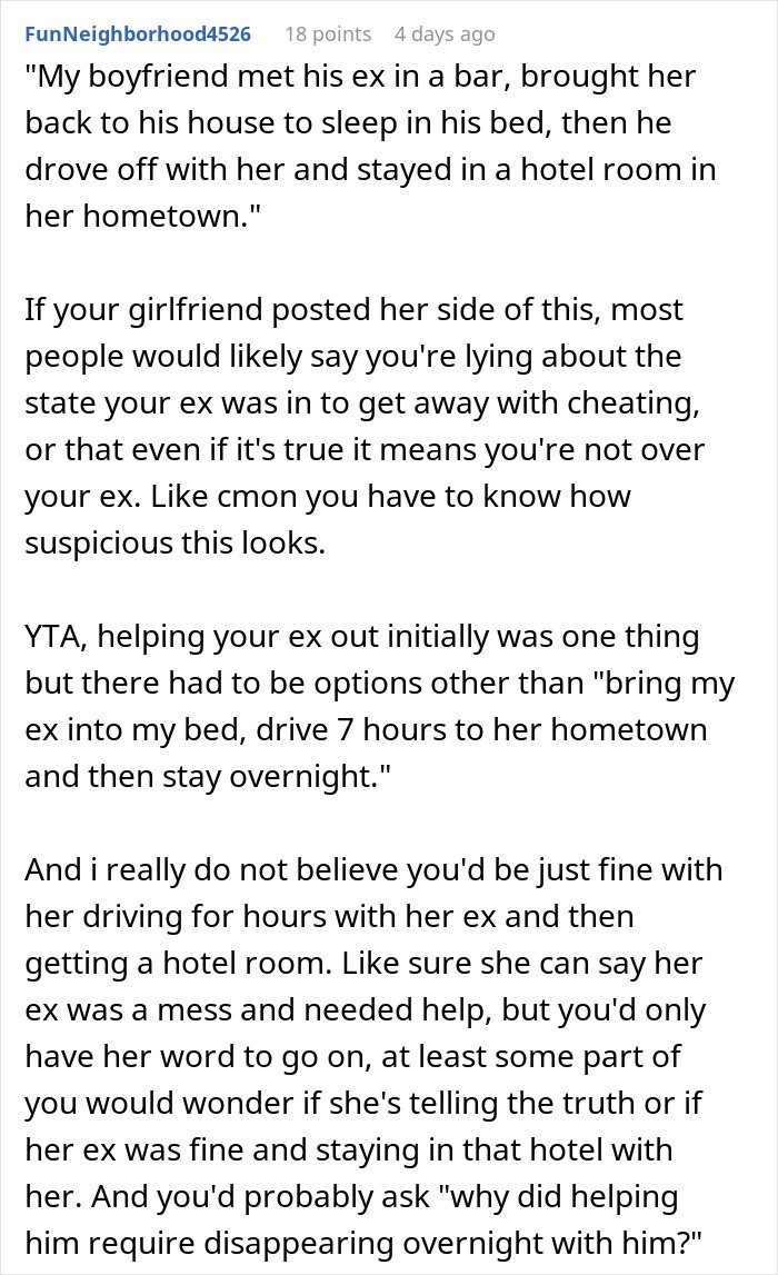 Text post on social media describing a guy going above and beyond for his ex causing tension with current partner.