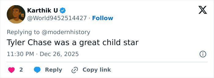 Screenshot of a tweet stating Tyler Chase was a great child star, related to former child actor Tylor Chase’s rap sheet.