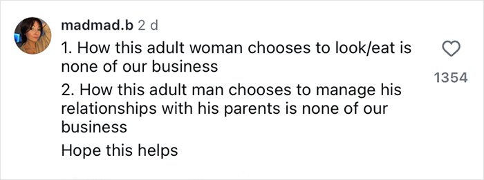 Instagram comment discussing opinions on adult choices, relating to fans thinking Brooklyn’s wife Nicola Peltz and Victoria exchanged subtle jabs.