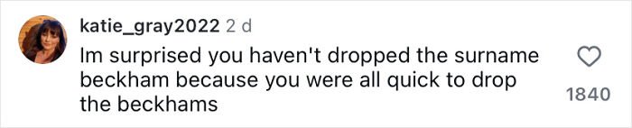 Instagram comment from user katie_gray2022 expressing surprise about the Beckham surname amid fan discussions of Brooklyn’s wife Nicola Peltz.