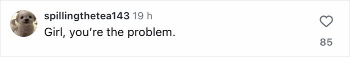 Instagram comment from user spillingthetea143 saying Girl, you’re the problem, with 85 likes, referencing fans thinking Brooklyn’s wife Nicola Peltz and Victoria exchanged subtle jabs.