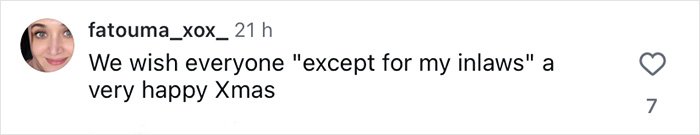 Instagram comment by user fatouma_xox joking about inlaws and wishing a happy Christmas amid fan discussions of Brooklyn’s wife Nicola Peltz and Victoria.