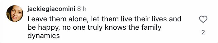 Comment from user jackiegiacomini urging to leave Brooklyn’s wife Nicola Peltz and Victoria alone amid family dynamics discussions.