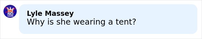 Comment bubble with text asking why she is wearing a tent, related to a satin bed sheet dress discussion.