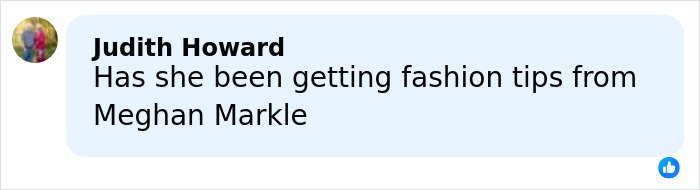 Comment by Judith Howard asking if she has been getting fashion tips from Meghan Markle, displayed on a social media post.