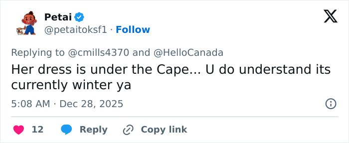 Screenshot of a tweet discussing the wedding dress under the cape during winter, relating to a satin bed sheet topic.
