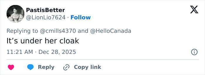 Tweet from user PastisBetter replying about a satin bed sheet mentioning it is under her cloak in a short message.