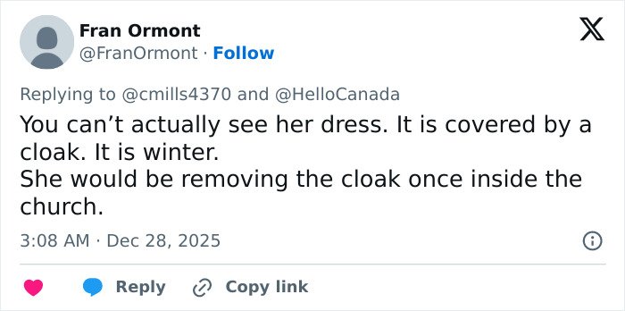 Screenshot of a tweet discussing a satin bed sheet and a wedding dress hidden under a winter cloak.