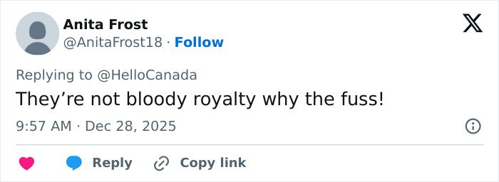 Tweet by Anita Frost commenting on a wedding, expressing opinion about the attention on the event and dress buzz.