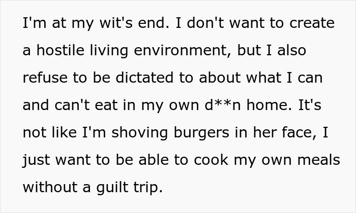 Person refuses to follow roommate’s strict vegan rules in shared kitchen, causing tension over cooking meals freely.