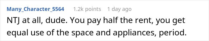 Screenshot of a social media comment discussing a person refusing to follow roommate’s strict vegan kitchen rules, labeled selfish.