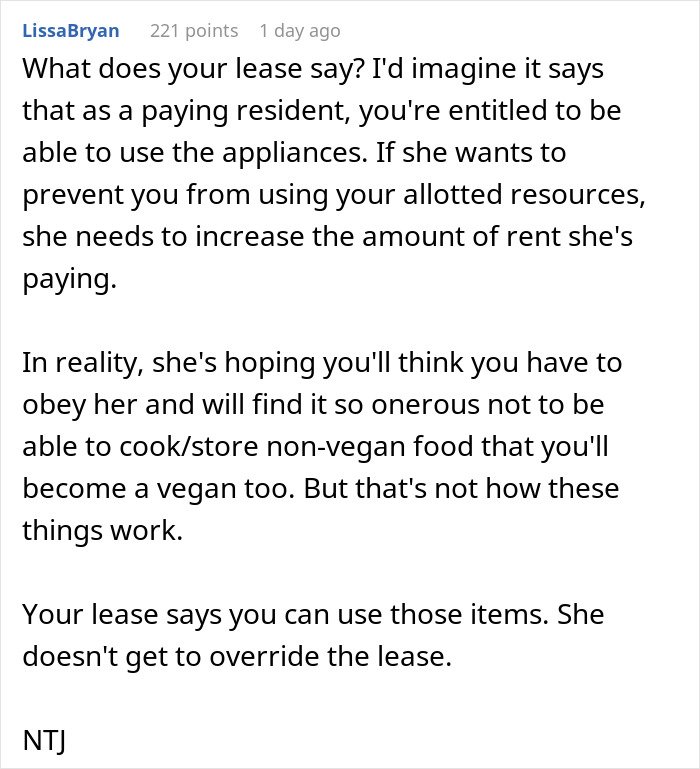 Commenter explaining tenant rights in a shared kitchen amid roommate’s strict vegan rules dispute and selfish accusations.