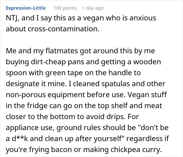 Commenter shares tips on handling strict vegan rules in shared kitchen space to avoid conflict with roommate.