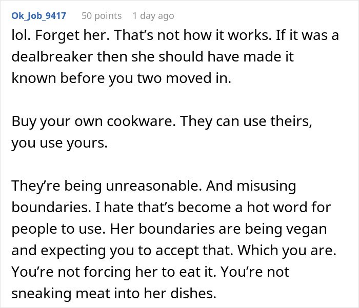 Comment discussing someone refusing to follow roommate’s strict vegan rules in shared kitchen, labeled selfish.
