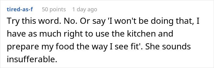 Screenshot of an online comment discussing refusing to follow roommate’s strict vegan rules in shared kitchen conflict.