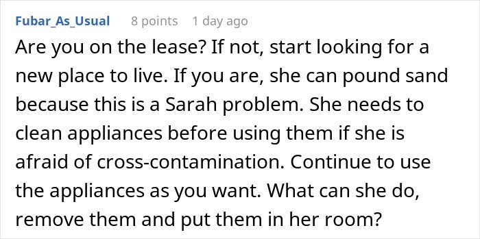 Comment on a forum discussing a person refusing to follow roommate’s strict vegan kitchen rules and being called selfish.