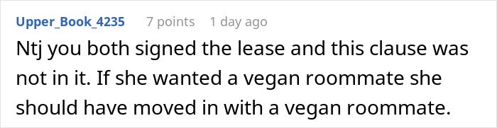 Text conversation about a person refusing to follow roommate’s strict vegan rules in a shared kitchen, labeled selfish.