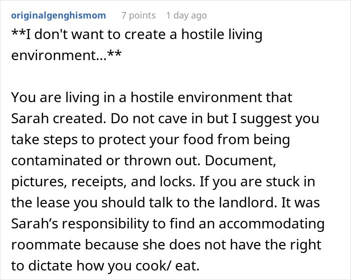 Comment discussing refusal to follow roommate’s strict vegan rules in shared kitchen and accusations of being selfish