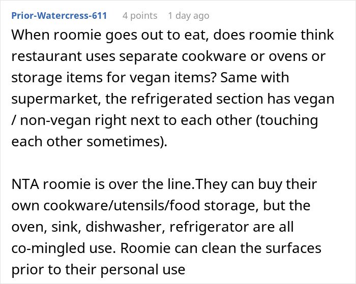 Comment discussing a person refusing to follow roommate’s strict vegan rules in shared kitchen, called selfish.
