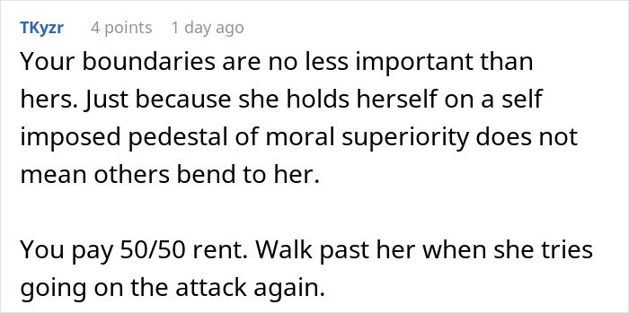 Comment discussing respect for boundaries and refusing to follow roommate’s strict vegan rules in shared kitchen.