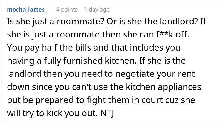 Commenter discusses refusal to follow roommate’s strict vegan rules in shared kitchen, highlighting conflict and accusations of selfishness.