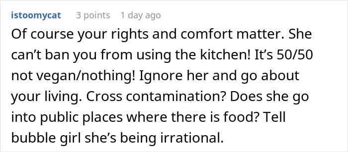 Screenshot of a Reddit comment discussing refusal to follow roommate’s strict vegan kitchen rules and related conflict.