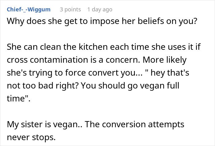 Online comment discussing refusal to follow roommate’s strict vegan kitchen rules, highlighting perceived selfishness.