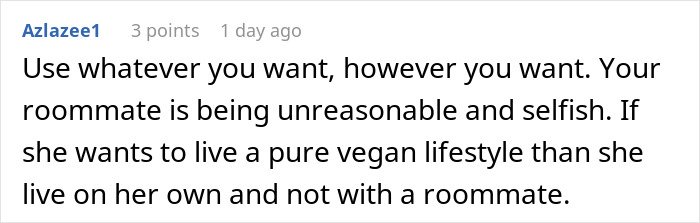 Screenshot of a user comment arguing against strict vegan kitchen rules, calling the roommate selfish in shared living.