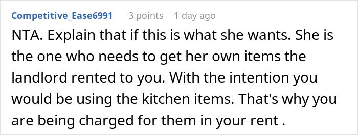 Screenshot of a Reddit comment discussing refusal to follow roommate’s strict vegan kitchen rules and related conflicts.
