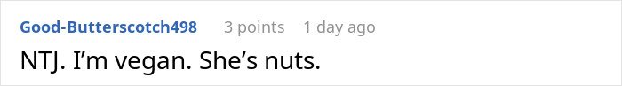 Text comment on a white background about refusing to follow roommate’s strict vegan rules in a shared kitchen.