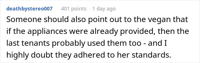 Comment discussing a person refusing to follow roommate’s strict vegan kitchen rules, sparking a selfishness debate.